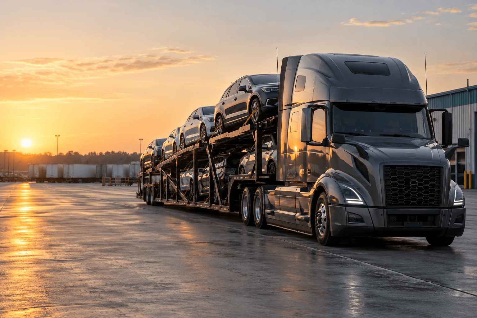 A car-hauling truck ready for the road at a transport yard